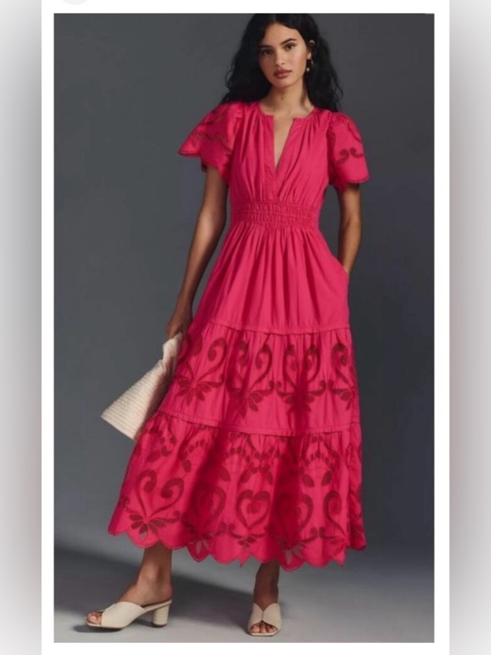 Anthropologie Somerset Maxi Dress Medium Pink Fuchsia Puff Sleeve Embroidered M